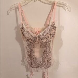 Victoria Secret (Y2K-VS Angel) Sheer Pink Lace Bustier w./Blk Floral Embroidery